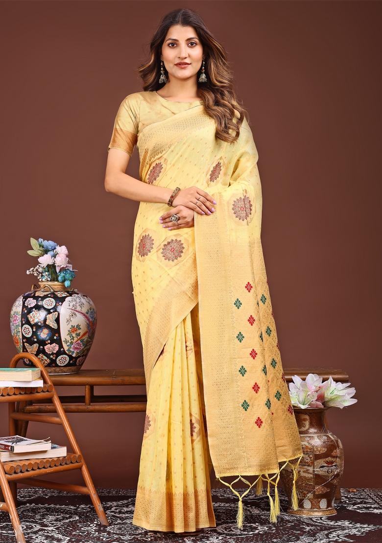 Yellow Woven Cotton Blend Saree Set