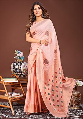 Peach Woven Cotton Blend Saree Set