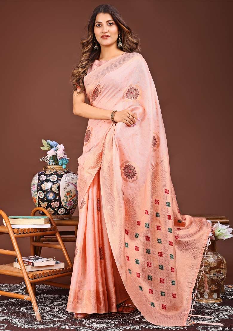 Peach Woven Cotton Blend Saree Set - Indya