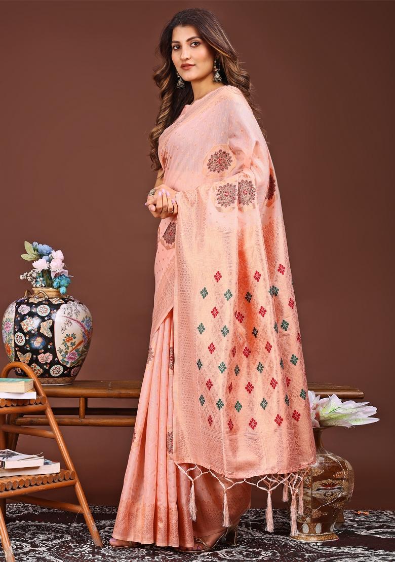 Peach Woven Cotton Blend Saree Set