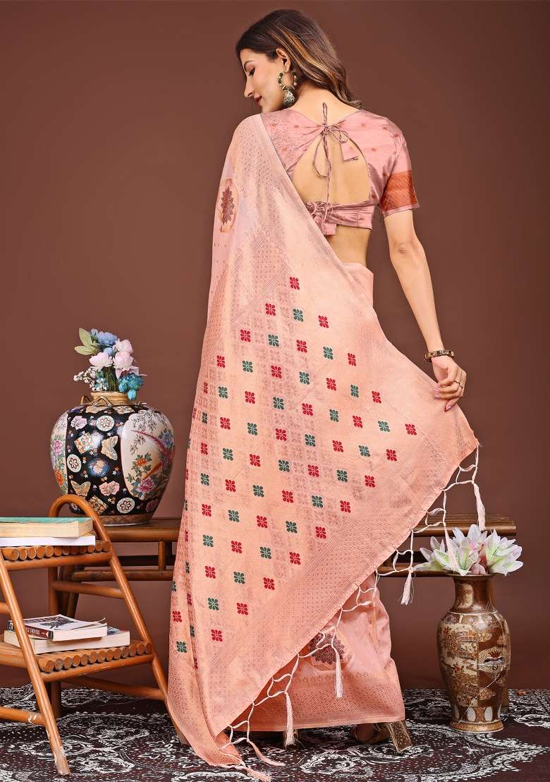 Peach Woven Cotton Blend Saree Set - Indya