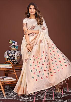White Woven Cotton Blend Saree Set