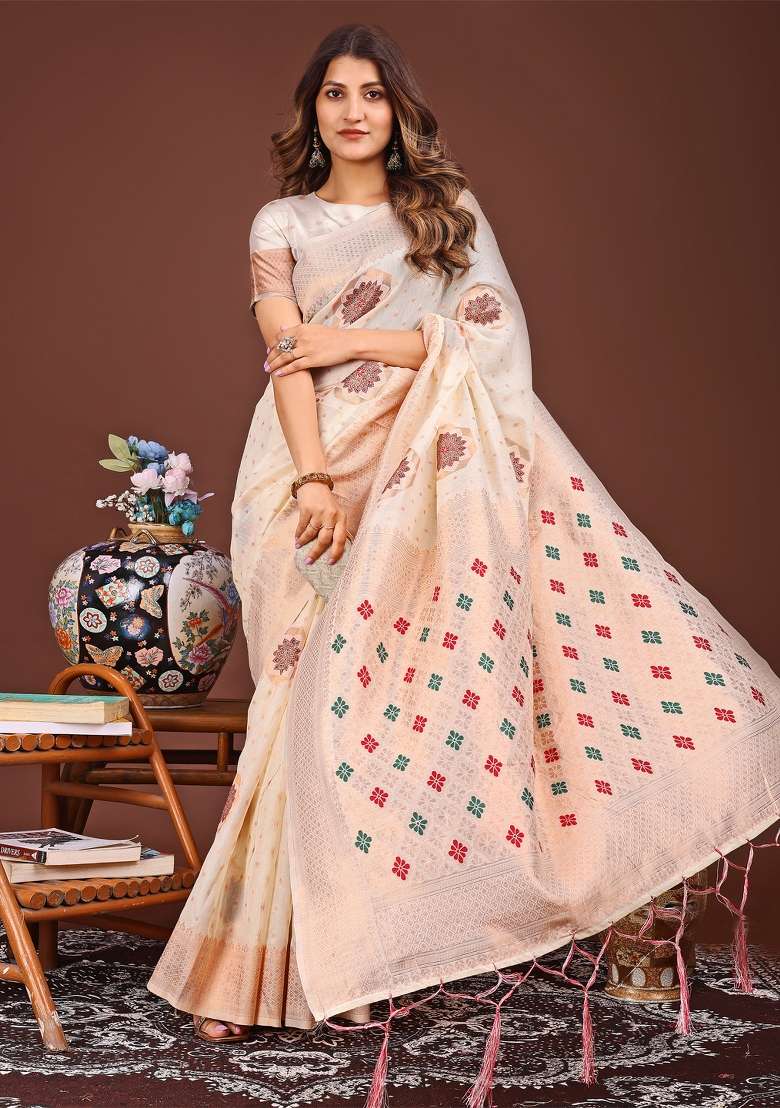 White Woven Cotton Blend Saree Set - Indya