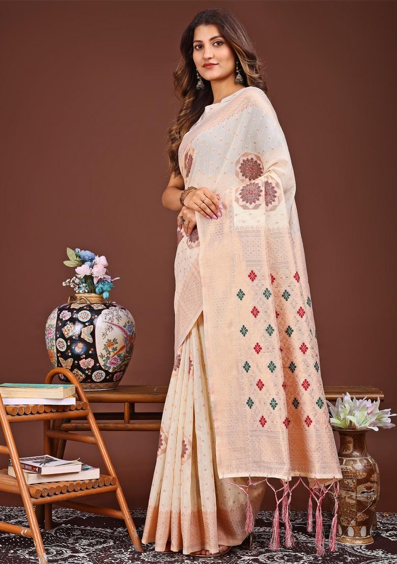 White Woven Cotton Blend Saree Set