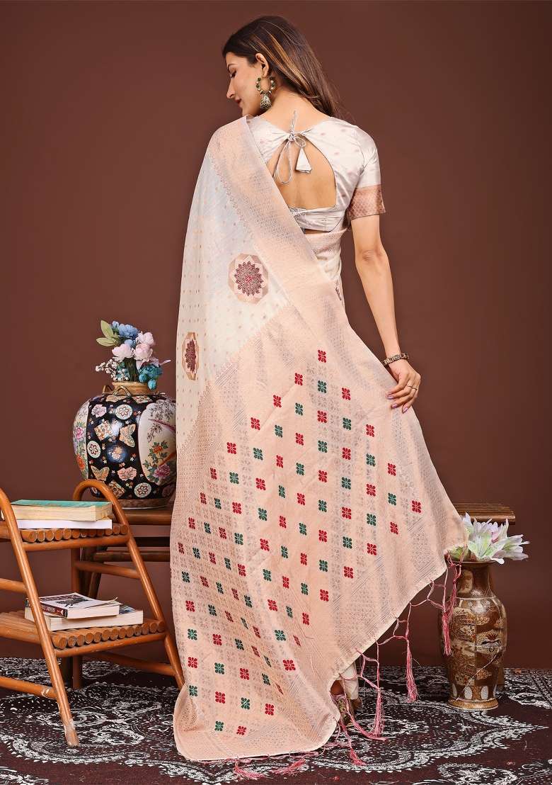 White Woven Cotton Blend Saree Set - Indya