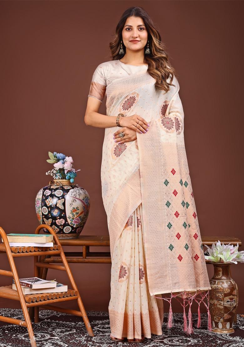 White Woven Cotton Blend Saree Set
