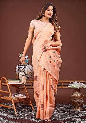 Orange Woven Cotton Blend Saree Set