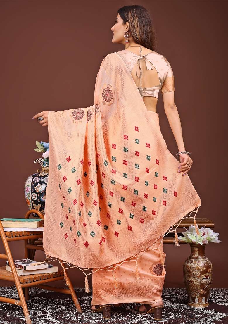 Orange Woven Cotton Blend Saree Set - Indya