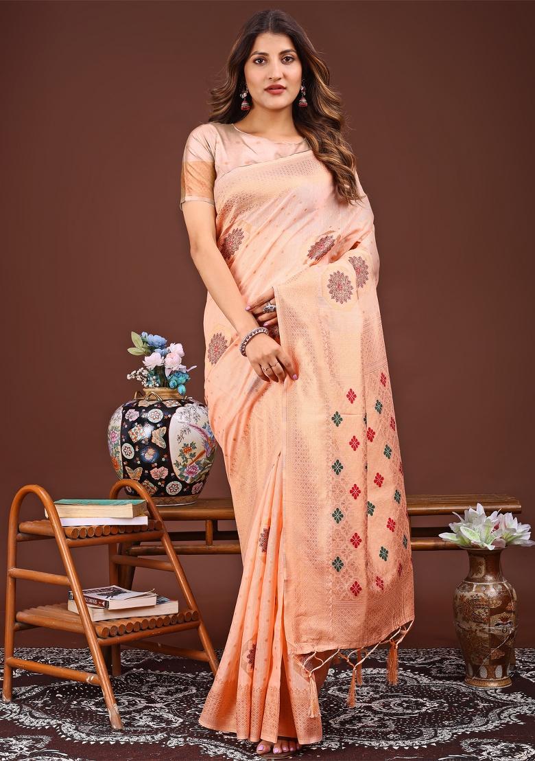 Orange Woven Cotton Blend Saree Set