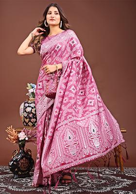 Pink Woven Cotton Blend Saree Set