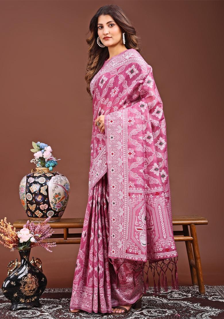 Pink Woven Cotton Blend Saree Set