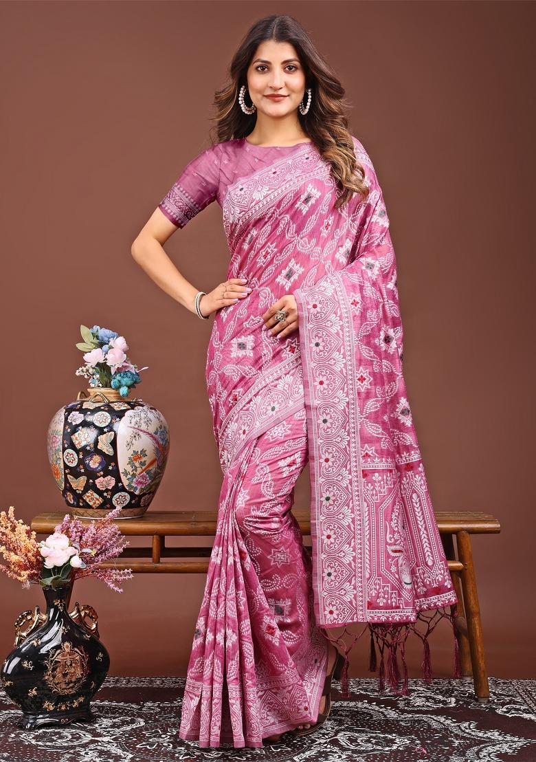 Pink Woven Cotton Blend Saree Set