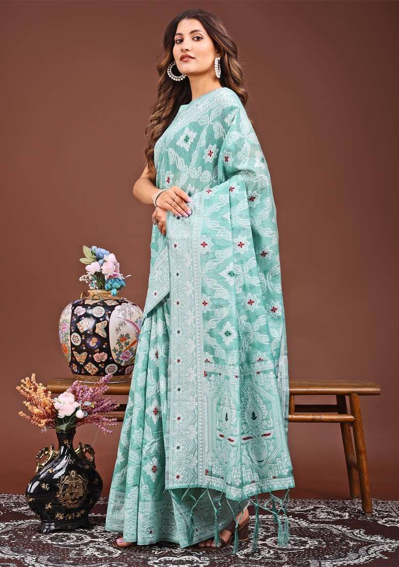 Sea Green Woven Cotton Blend Saree Set - Indya