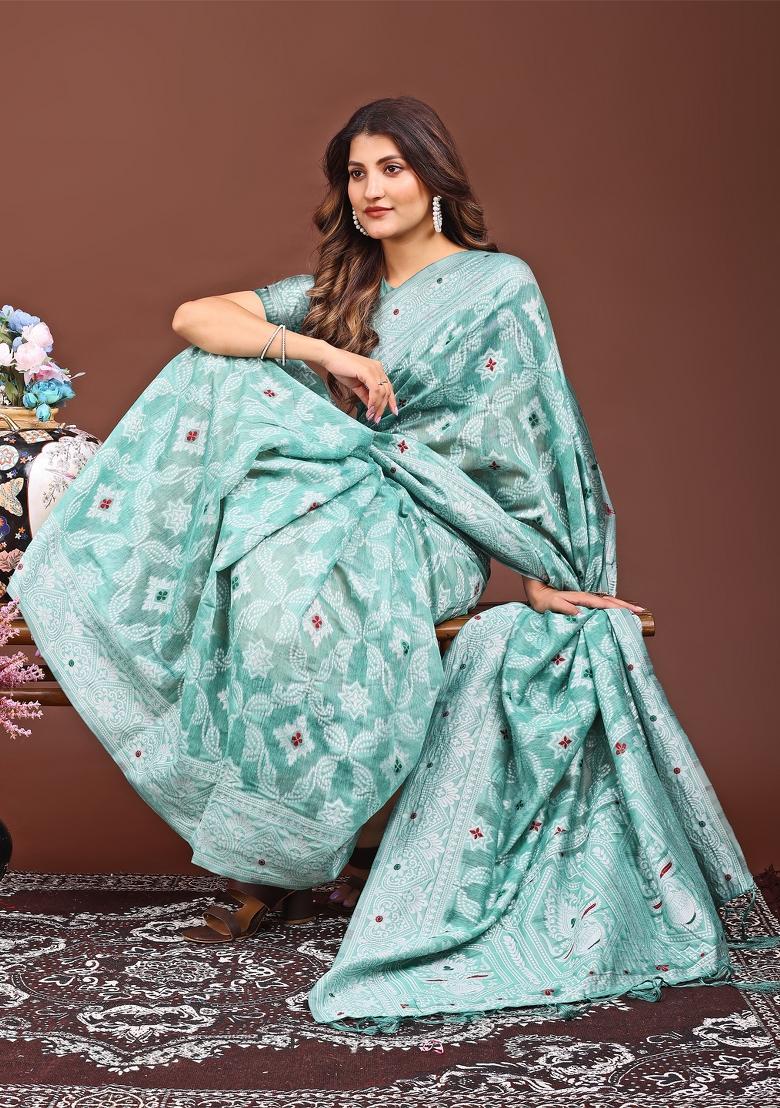 Sea Green Woven Cotton Blend Saree Set