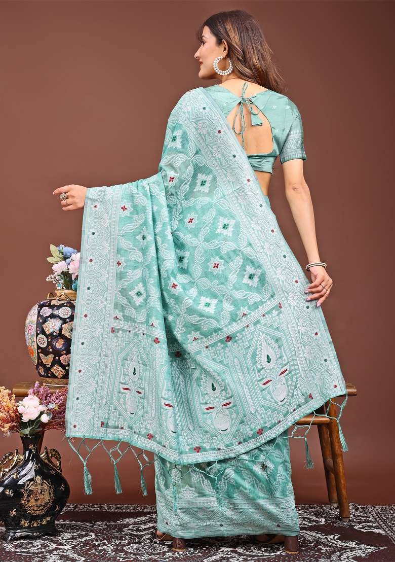 Sea Green Woven Cotton Blend Saree Set - Indya