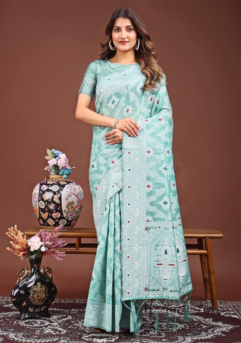 Sea Green Woven Cotton Blend Saree Set