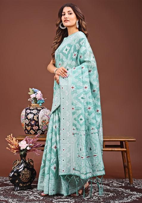 Sea Green Woven Cotton Blend Saree Set