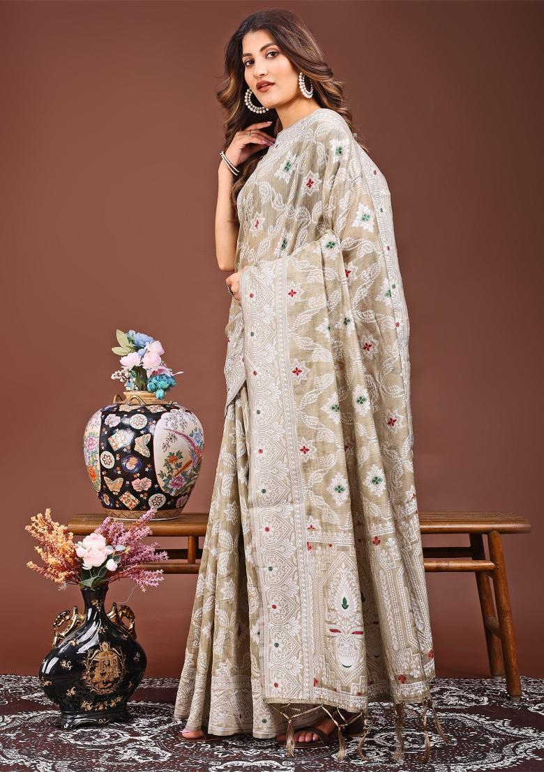 Brown Woven Cotton Blend Saree Set