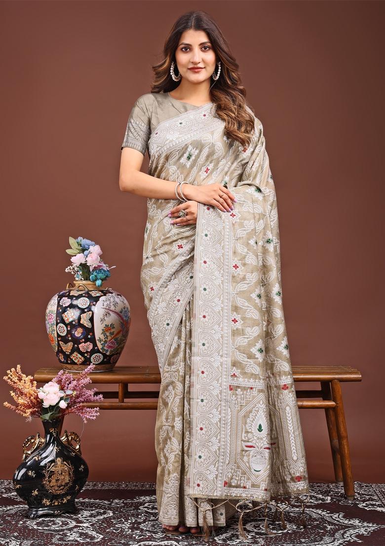 Brown Woven Cotton Blend Saree Set