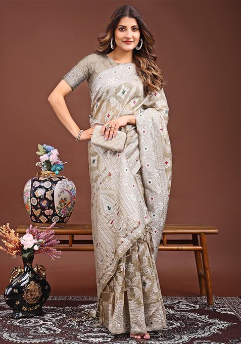 Brown Woven Cotton Blend Saree Set