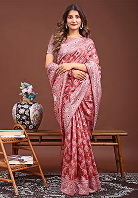 Peach Woven Cotton Blend Saree Set