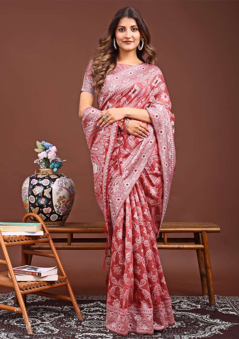 Peach Woven Cotton Blend Saree Set - Indya