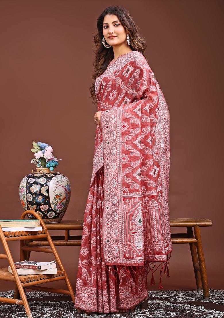 Peach Woven Cotton Blend Saree Set