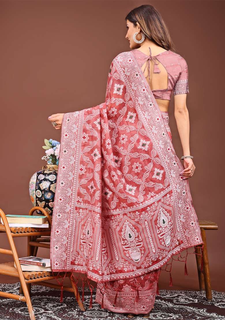 Peach Woven Cotton Blend Saree Set - Indya
