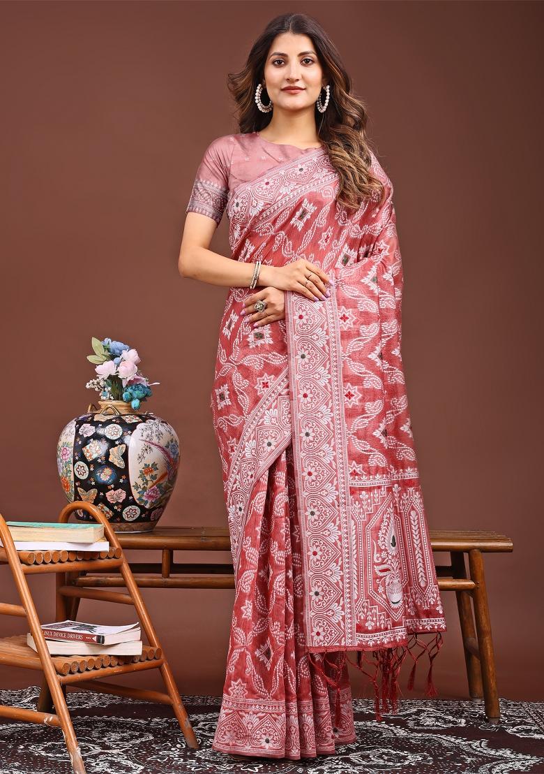 Peach Woven Cotton Blend Saree Set