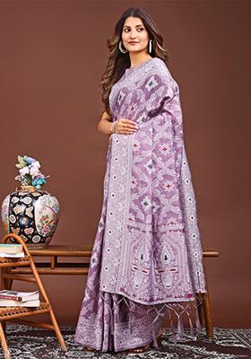 Purple Woven Cotton Blend Saree Set