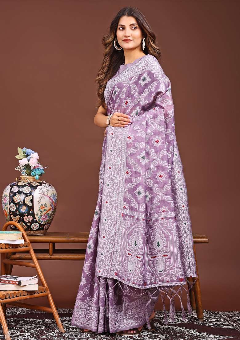 Purple Woven Cotton Blend Saree Set - Indya