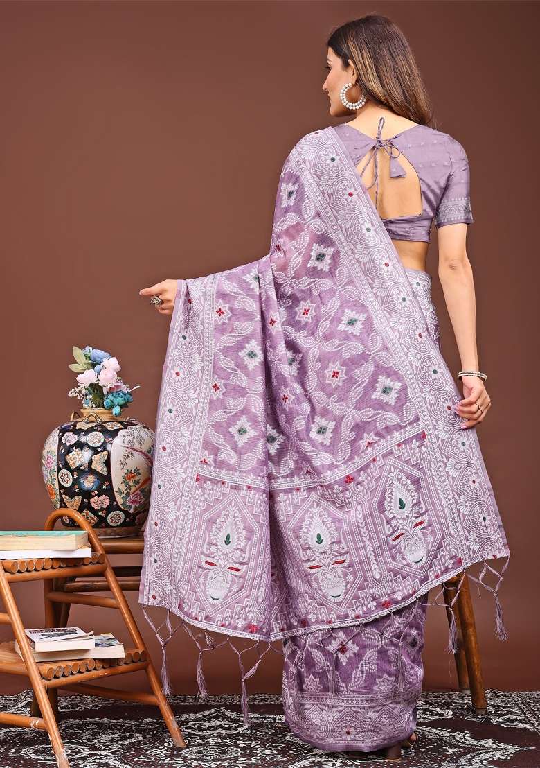 Purple Woven Cotton Blend Saree Set - Indya