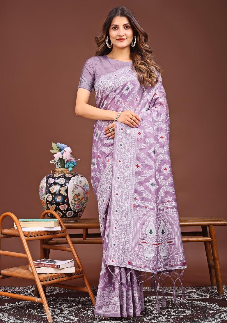Purple Woven Cotton Blend Saree Set