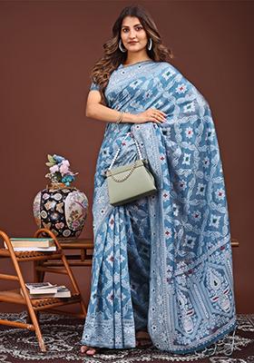 Sky Blue Woven Cotton Blend Saree Set