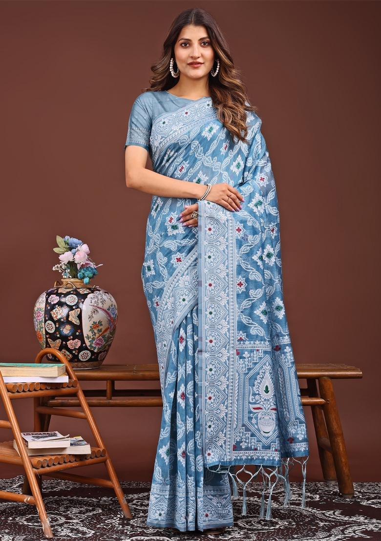 Sky Blue Woven Cotton Blend Saree Set