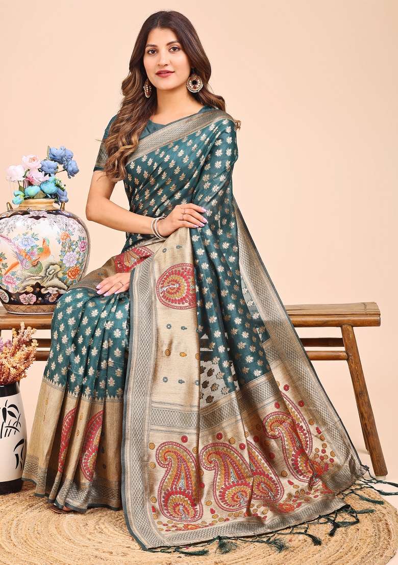 Sea Green Woven Cotton Blend Saree Set - Indya