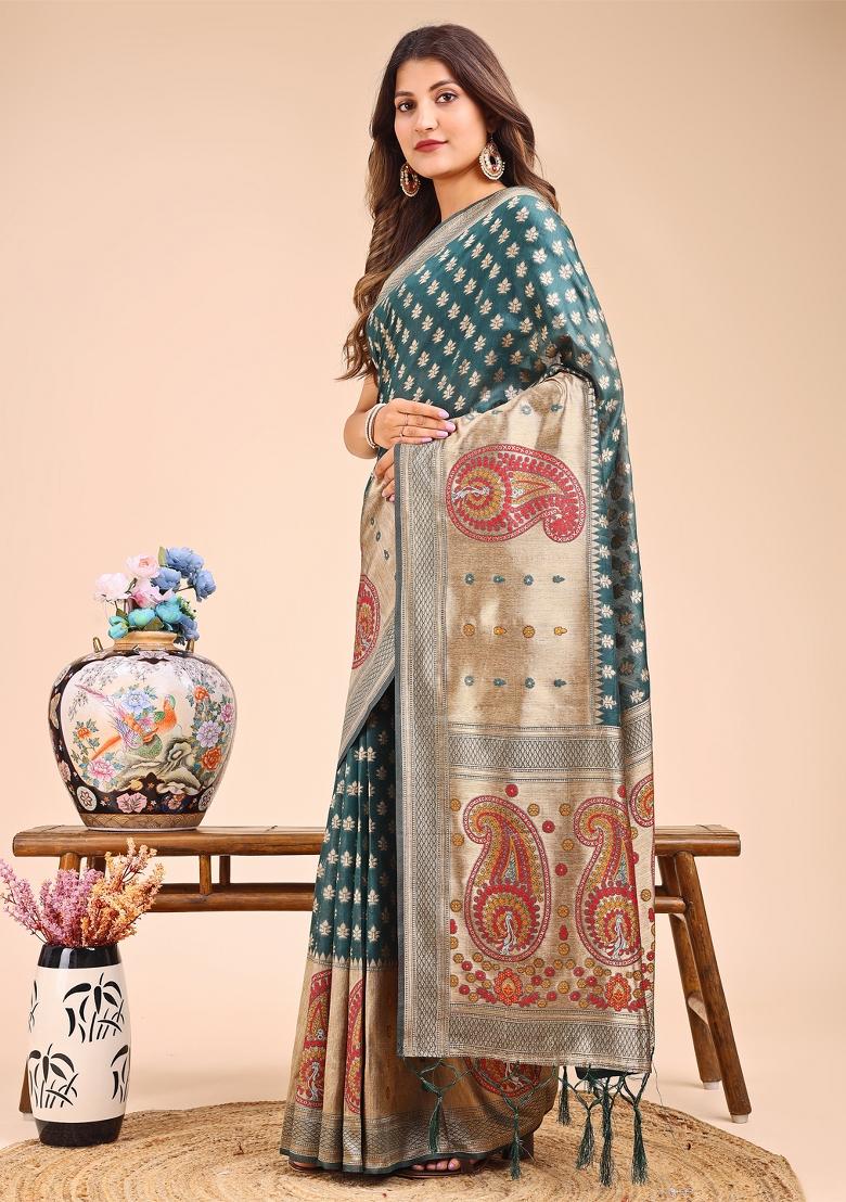 Sea Green Woven Cotton Blend Saree Set