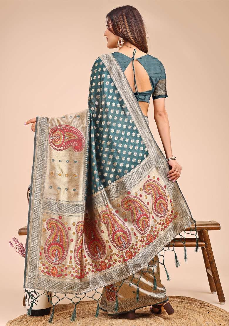 Sea Green Woven Cotton Blend Saree Set - Indya