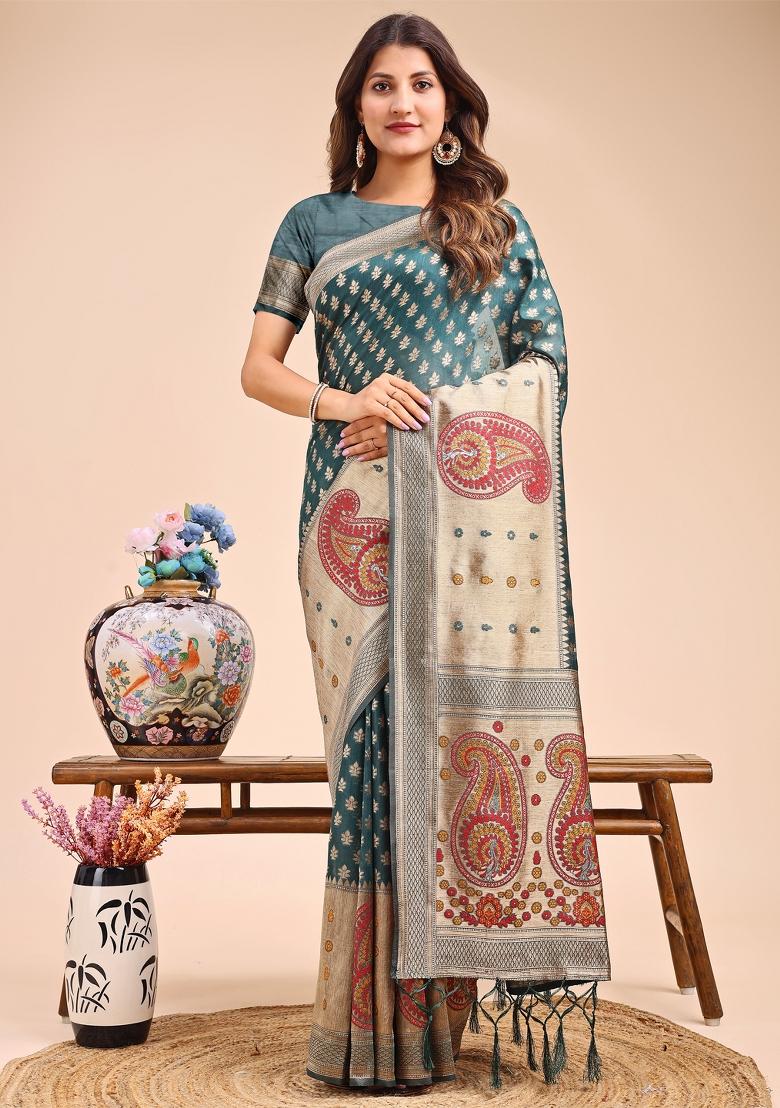 Sea Green Woven Cotton Blend Saree Set