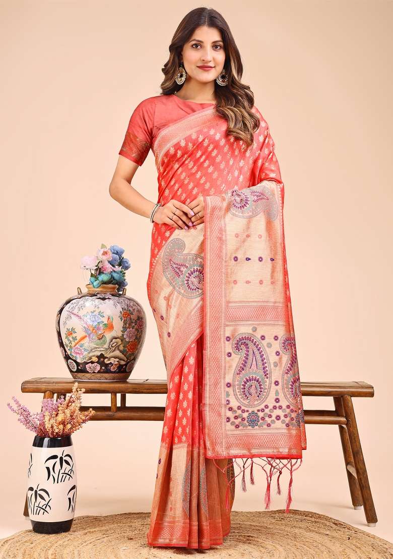 Peach Woven Cotton Blend Saree Set - Indya