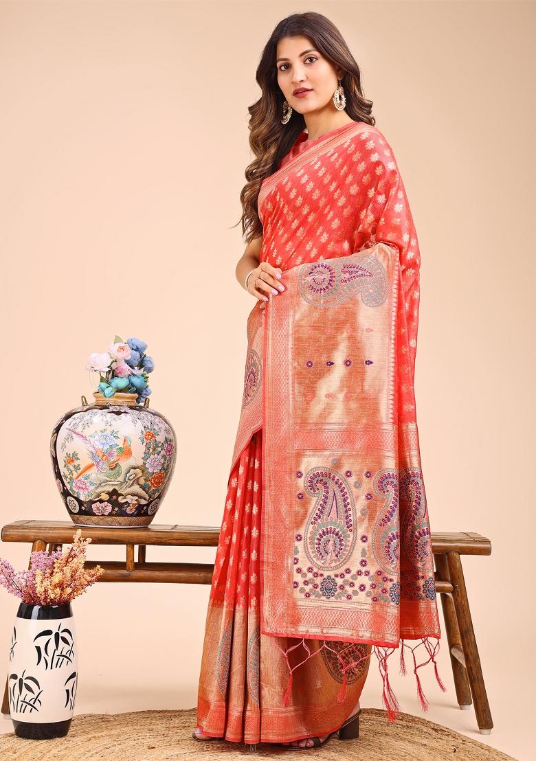 Peach Woven Cotton Blend Saree Set