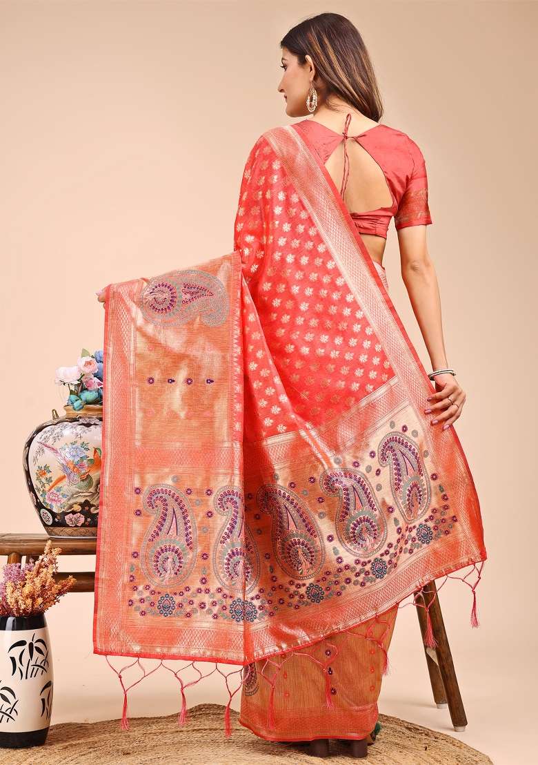 Peach Woven Cotton Blend Saree Set - Indya