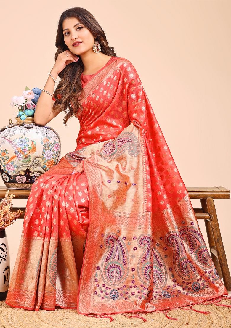 Peach Woven Cotton Blend Saree Set