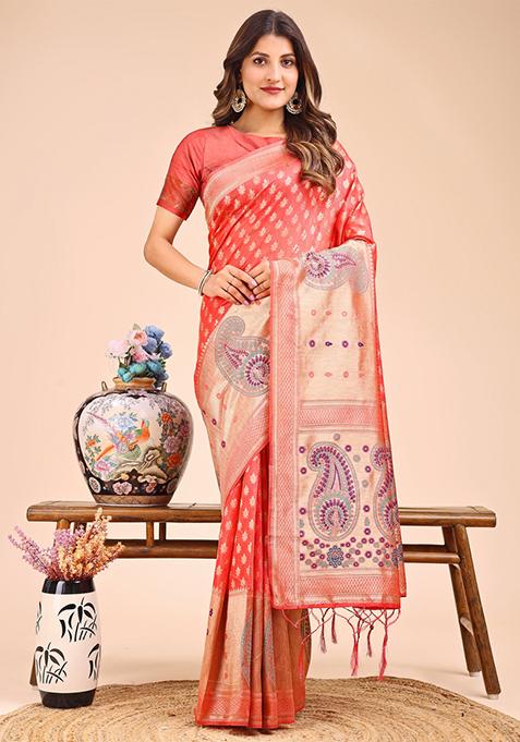 Peach Woven Cotton Blend Saree Set