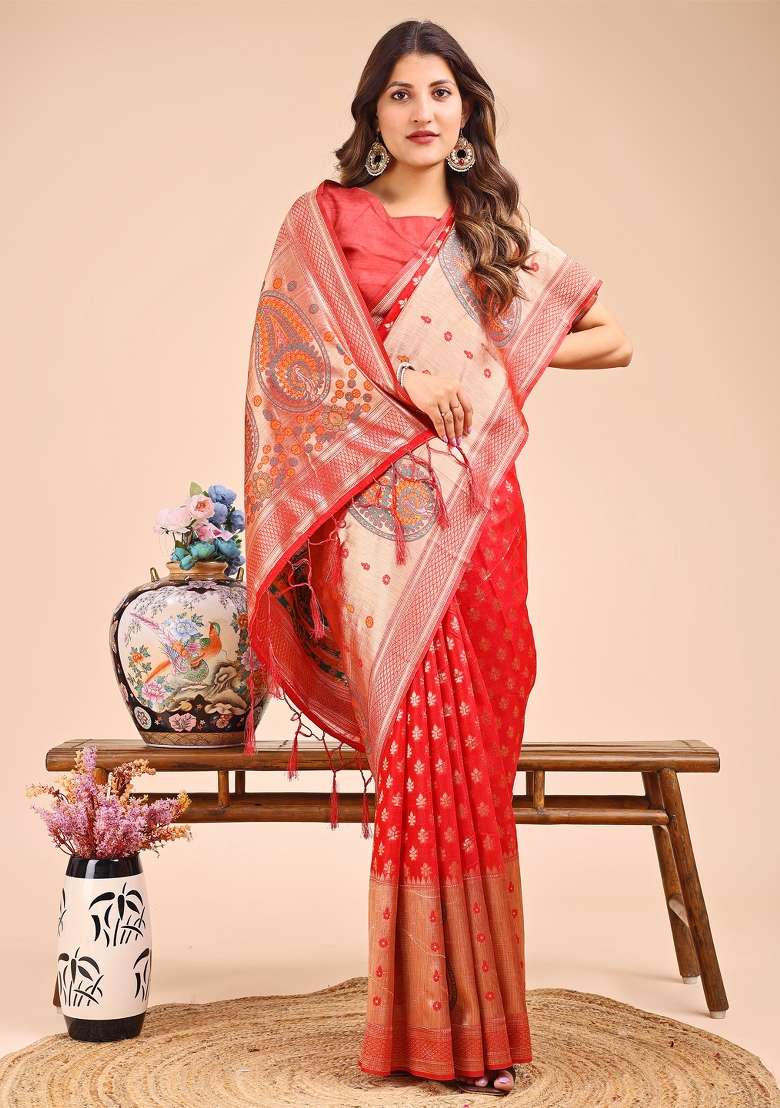 Red Woven Cotton Blend Saree Set - Indya