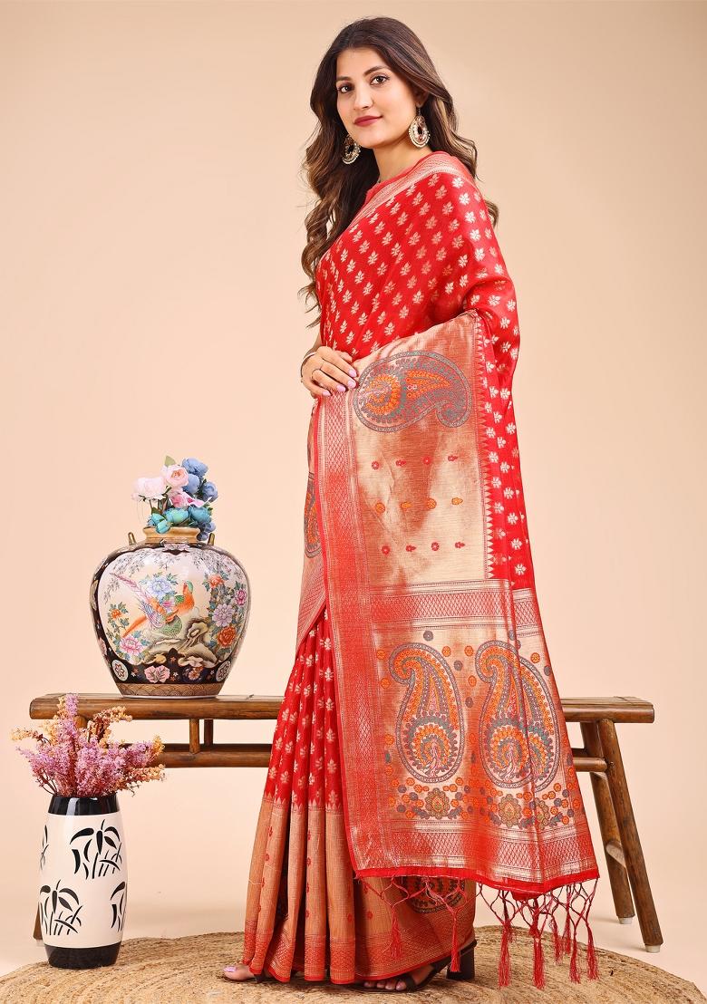 Red Woven Cotton Blend Saree Set
