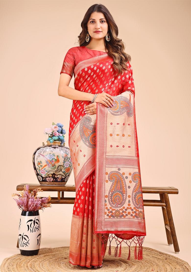 Red Woven Cotton Blend Saree Set