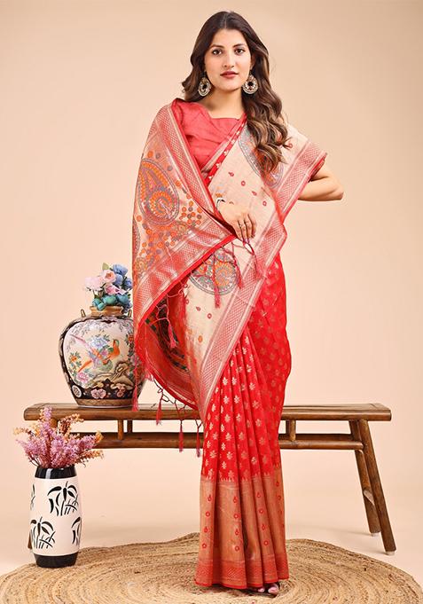 Red Woven Cotton Blend Saree Set