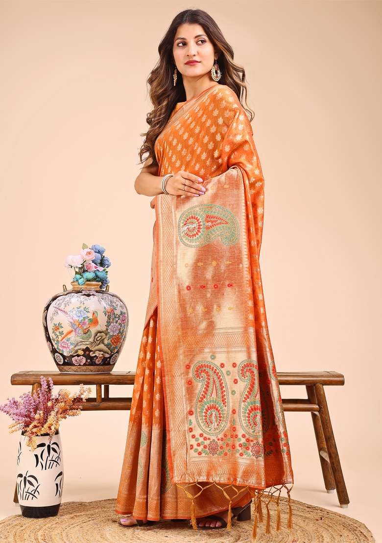 Mustard Yellow Woven Cotton Blend Saree Set - Indya