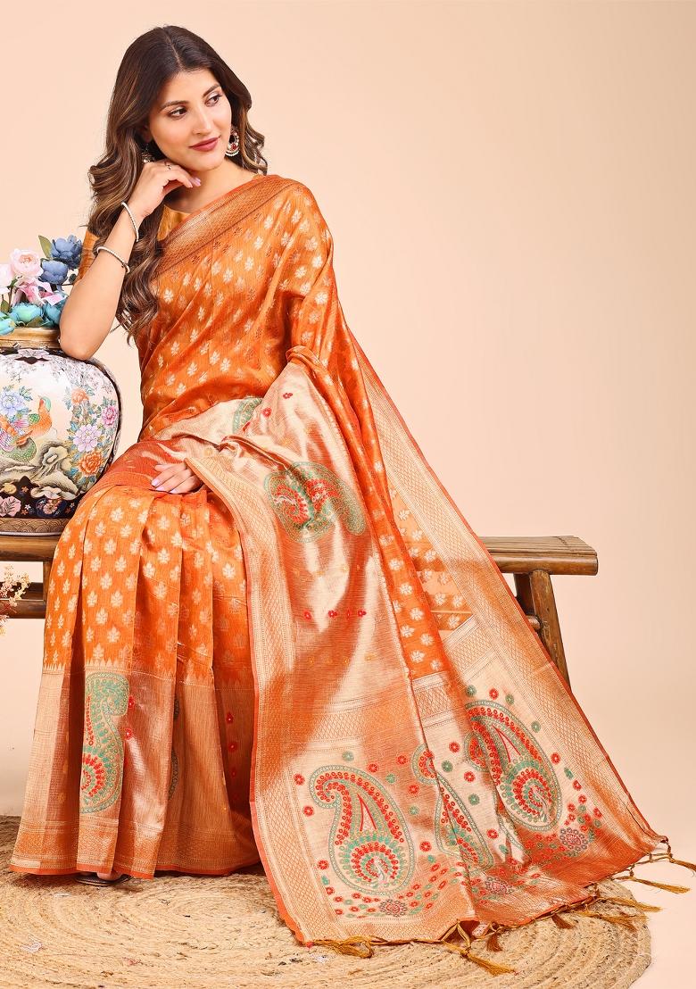 Mustard Yellow Woven Cotton Blend Saree Set